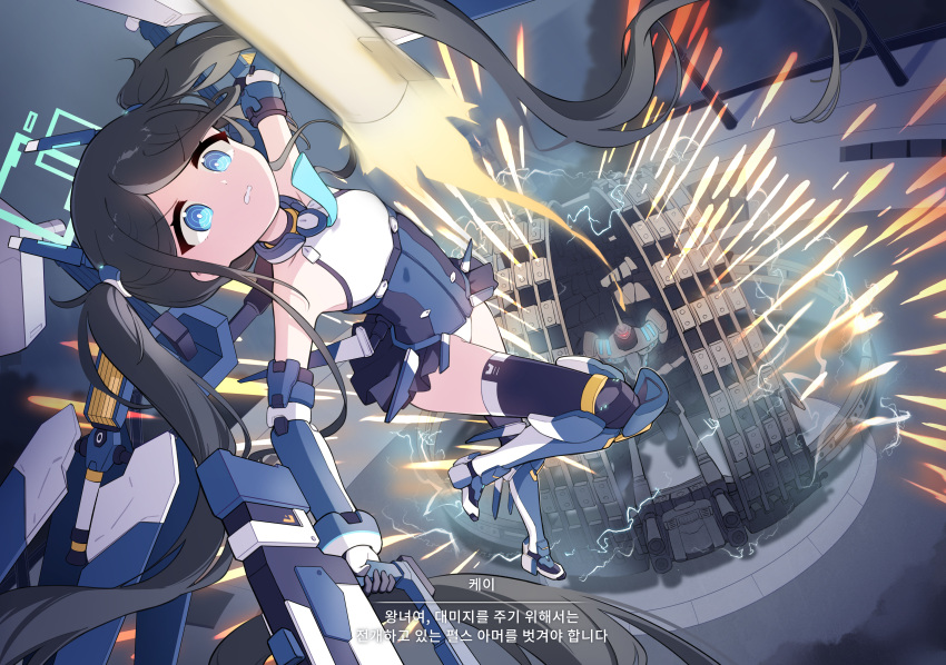 1girl absurdres aris_(blue_archive) aris_(mecha_suit)_(blue_archive) armored_core balteus_(armored_core_vi) blue_archive boots commentary_request crossover dodging firing flying halo highres korean_commentary korean_text kurana_(atlas) leotard long_hair mecha_musume mechanical_wings missile teeth thighhighs translation_request twintails weapon wings