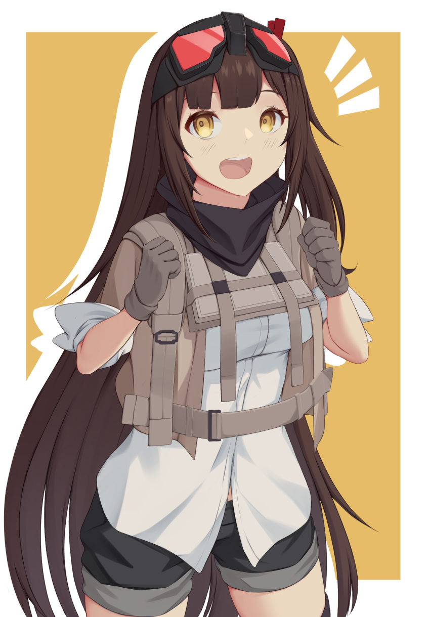 1girl act_(xadachit) brown_hair girls'_frontline girls'_frontline_2:_exilium gloves goggles goggles_on_head highres long_hair mayling_shen_(girls'_frontline_2) scarf short_sleeves shorts side_ponytail simple_background yellow_eyes