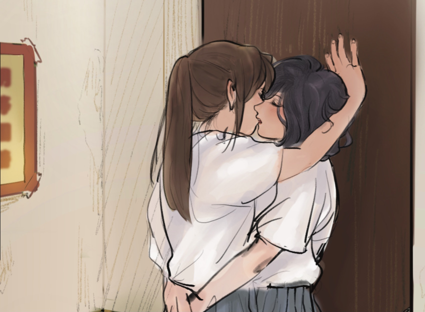 2girls against_door anabel black_hair blush brown_hair closed_eyes eyebrows_visible_through_hair highres hug long_hair multiple_girls original ponytail profile school_uniform short_hair sketch wavy_hair yuri