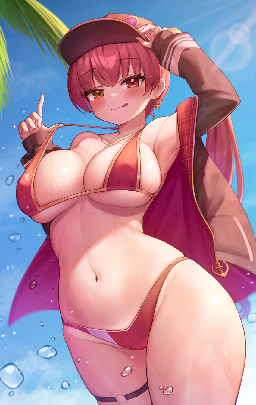 1girl :q arm_up armpits bangs baseball_cap bikini black_headwear black_jacket blue_sky breasts cloud day deaver earrings eyebrows_visible_through_hair hand_on_headwear hat heart heart_earrings heterochromia highres hololive houshou_marine jacket jewelry large_breasts leg_garter long_sleeves looking_at_viewer navel necklace ponytail red_bikini red_eyes red_hair sky solo swimsuit tongue tongue_out virtual_youtuber wet yellow_eyes