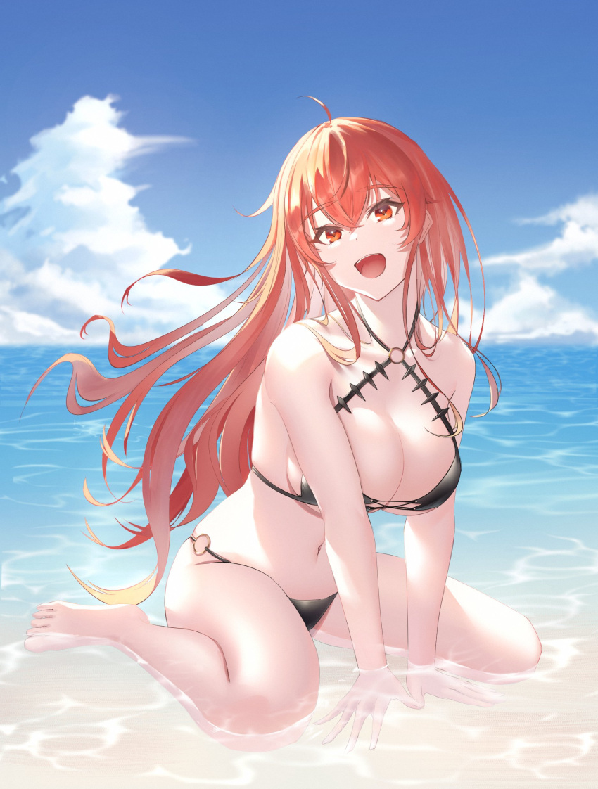 1girl absurdres bare_arms bare_legs bare_shoulders barefoot beach bikini bikini_bottom bikini_top breasts bunching_hair eris_greyrat feet highres large_breasts long_hair looking_at_viewer mushoku_tensei navel ocean open_mouth rausu_(undeadmachine) red_eyes red_hair string_bikini swimsuit water