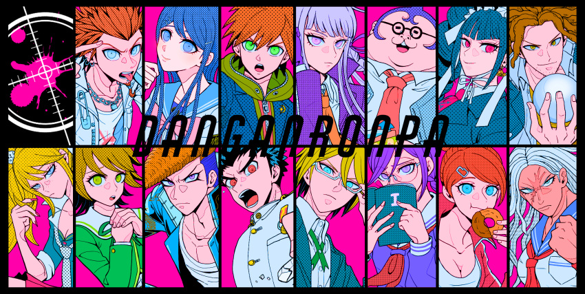 6+boys 6+girls :3 :o :p armband artist_name asahina_aoi bandaged_arm bandages bangs baseball_bat black_background black_border black_gloves black_hair black_jacket black_nails black_shirt blonde_hair blood blue_eyes blue_hair blue_sailor_collar bonnet book border bow bracelet braid breasts brown_eyes brown_hair brown_shirt brown_skirt bullet bunny_hair_ornament buttons celestia_ludenberg chain chalk character_name chips chopsticks cleavage closed_mouth collarbone collared_shirt column_lineup commentary commentary_request copyright_name cosplay covering_mouth crystal_ball danganronpa:_trigger_happy_havoc danganronpa_(series) doughnut dragon_print dress_shirt drill_hair ear_piercing earrings english_text enoshima_junko enoshima_junko_(cosplay) everyone facial_hair fat fat_man finger_to_head food freckles frilled_jacket frills from_side frown fujisaki_chihiro fukawa_touko gakuran glasses gloves goatee gothic_lolita green_eyes green_hoodie green_jacket grey_hair grey_jacket grey_shirt hagakure_yasuhiro hair_bow hair_ornament hair_ribbon hairclip hairlocs halftone hand_in_hair hand_up hands_up hat heart highres holding holding_book holding_chalk holding_chopsticks holding_food hood hood_down hoodie ikusaba_mukuro index_finger_raised ishimaru_kiyotaka jacket jacket_on_shoulders jewelry kirigiri_kyouko knee_up kuwata_leon large_breasts large_hands leather leather_gloves lolita_fashion long_hair long_sleeves looking_at_viewer maizono_sayaka medium_breasts multicolored_hair multiple_boys multiple_girls muscular muscular_female naegi_makoto nail_polish neckerchief necktie oogami_sakura oowada_mondo open_book open_clothes open_jacket open_mouth open_shirt otoko_no_ko own_hands_together piercing pink_background pink_blood pink_bow pink_eyes playing_with_own_hair polka_dot polka_dot_background polka_dot_neckwear pompadour purple_eyes purple_hair red_eyes red_hair red_jacket red_neckwear red_skirt ribbon ring round_eyewear sailor_collar scar scar_on_face school_uniform serafuku shirt short_hair side_braid simple_background skirt smile spoilers stubble tearing_up tege_(tege_xxx) togami_byakuya tongue tongue_out tongue_piercing translation_request twin_braids twin_drills twintails two-tone_hair upper_body upper_teeth white_jacket white_neckwear white_shirt yamada_hifumi zipper