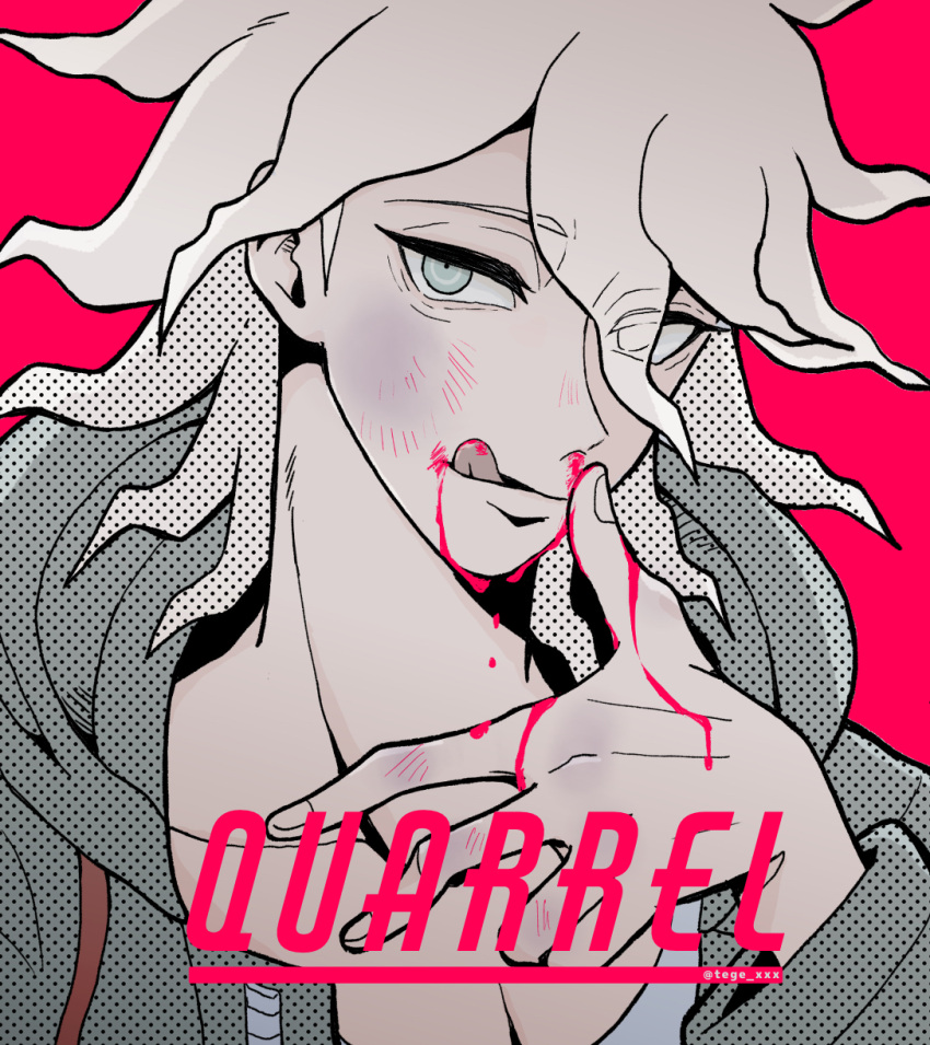 1boy artist_name bangs blood blood_from_mouth blood_on_fingers blood_on_hands collarbone commentary_request danganronpa_(series) danganronpa_2:_goodbye_despair eyes_visible_through_hair finger_to_mouth grey_eyes grey_hair halftone hand_up highres hood hooded_jacket jacket komaeda_nagito looking_at_viewer medium_hair messy_hair nosebleed pink_background pink_blood polka_dot simple_background solo tege_(tege_xxx)