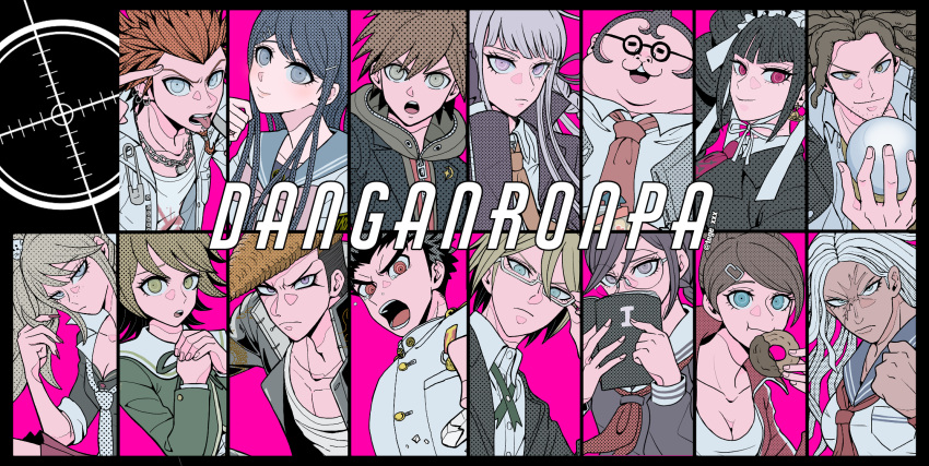 6+boys 6+girls :3 :o :p armband artist_name asahina_aoi bandaged_arm bandages bangs baseball_bat black_background black_border black_gloves black_hair black_jacket black_nails black_shirt blonde_hair blood blue_eyes blue_hair blue_sailor_collar bonnet book border bow bracelet braid breasts brown_eyes brown_hair brown_shirt brown_skirt bullet bunny_hair_ornament buttons celestia_ludenberg chain chalk character_name chips chopsticks cleavage closed_mouth collarbone collared_shirt column_lineup commentary commentary_request copyright_name cosplay covering_mouth crystal_ball danganronpa:_trigger_happy_havoc danganronpa_(series) doughnut dragon_print dress_shirt drill_hair ear_piercing earrings english_text enoshima_junko enoshima_junko_(cosplay) everyone facial_hair fat fat_man finger_to_head food freckles frilled_jacket frills from_side frown fujisaki_chihiro fukawa_touko gakuran glasses gloves goatee gothic_lolita green_eyes green_hoodie green_jacket grey_hair grey_jacket grey_shirt hagakure_yasuhiro hair_bow hair_ornament hair_ribbon hairclip hairlocs halftone hand_in_hair hand_up hands_up hat heart highres holding holding_book holding_chalk holding_chopsticks holding_food hood hood_down hoodie ikusaba_mukuro index_finger_raised ishimaru_kiyotaka jacket jacket_on_shoulders jewelry kirigiri_kyouko knee_up kuwata_leon large_breasts large_hands leather leather_gloves lolita_fashion long_hair long_sleeves looking_at_viewer maizono_sayaka medium_breasts multicolored_hair multiple_boys multiple_girls muscular muscular_female naegi_makoto nail_polish neckerchief necktie oogami_sakura oowada_mondo open_book open_clothes open_jacket open_mouth open_shirt otoko_no_ko own_hands_together piercing pink_background pink_blood pink_bow pink_eyes playing_with_own_hair polka_dot polka_dot_background polka_dot_neckwear pompadour purple_eyes purple_hair red_eyes red_hair red_jacket red_neckwear red_skirt ribbon ring round_eyewear sailor_collar scar scar_on_face school_uniform serafuku shirt short_hair side_braid simple_background skirt smile spoilers stubble tearing_up tege_(tege_xxx) togami_byakuya tongue tongue_out tongue_piercing translation_request twin_braids twin_drills twintails two-tone_hair upper_body upper_teeth white_jacket white_neckwear white_shirt yamada_hifumi zipper