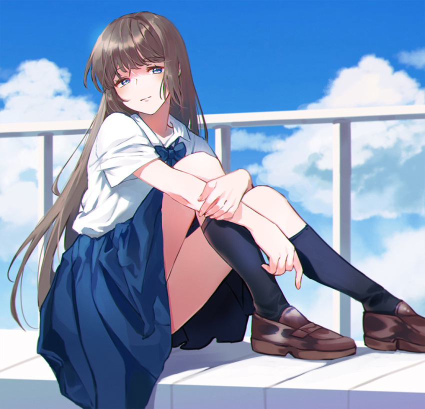 1girl bangs black_legwear blue_bow blue_neckwear blue_skirt blue_sky bow bowtie brown_footwear brown_hair closed_mouth cloud collared_shirt green_eyes knees_up loafers long_hair original oso_5425 outdoors pleated_skirt railing school_uniform shirt shoes short_sleeves sitting skirt sky socks solo white_shirt