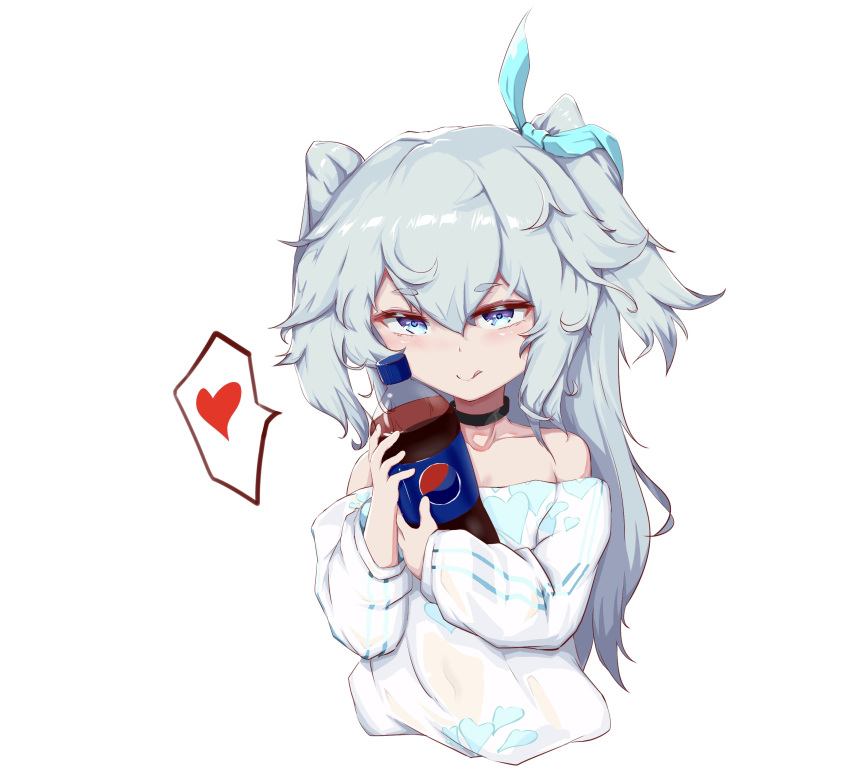 1girl 1z10 :p absurdres bare_shoulders blue_eyes choker collarbone girls'_frontline heart heart-shaped_pupils highres light_blue_hair long_hair pa-15_(girls'_frontline) pajamas pepsi solo symbol-shaped_pupils tongue tongue_out very_long_hair