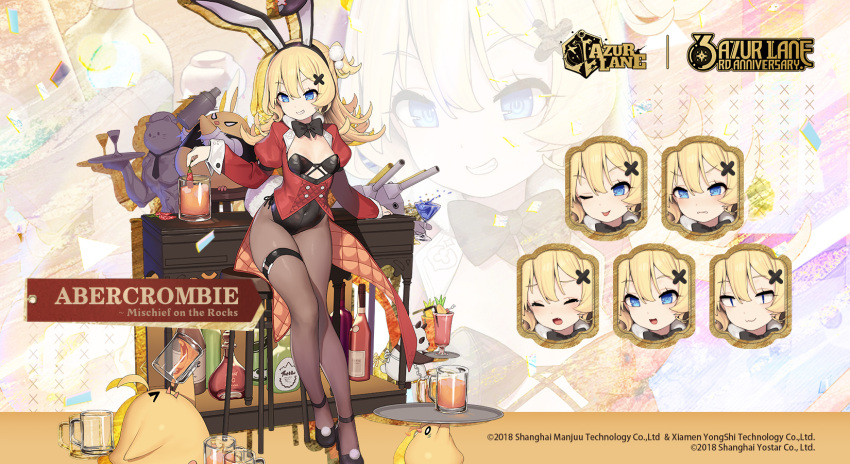 1girl ;p abercrombie_(azur_lane) abercrombie_(mischief_on_the_rocks)_(azur_lane) animal_ears azur_lane bar_stool beer_mug bird black_legwear black_leotard black_neckwear blonde_hair blue_eyes bottle bow bowtie breasts character_name chick chili_pepper closed_eyes cocktail_glass copyright_name covered_navel cup drinking_glass expressions fake_animal_ears hair_ornament highres holding holding_cup holding_tray jacket kinjo_kuromomo legs leotard long_hair manjuu_(azur_lane) meowfficer_(azur_lane) mug official_alternate_costume official_art one_eye_closed open_mouth panda pantyhose playboy_bunny promotional_art rabbit_ears red_jacket small_breasts smile solo stool strapless strapless_leotard thigh_strap tongue tongue_out tray x_hair_ornament zoom_layer