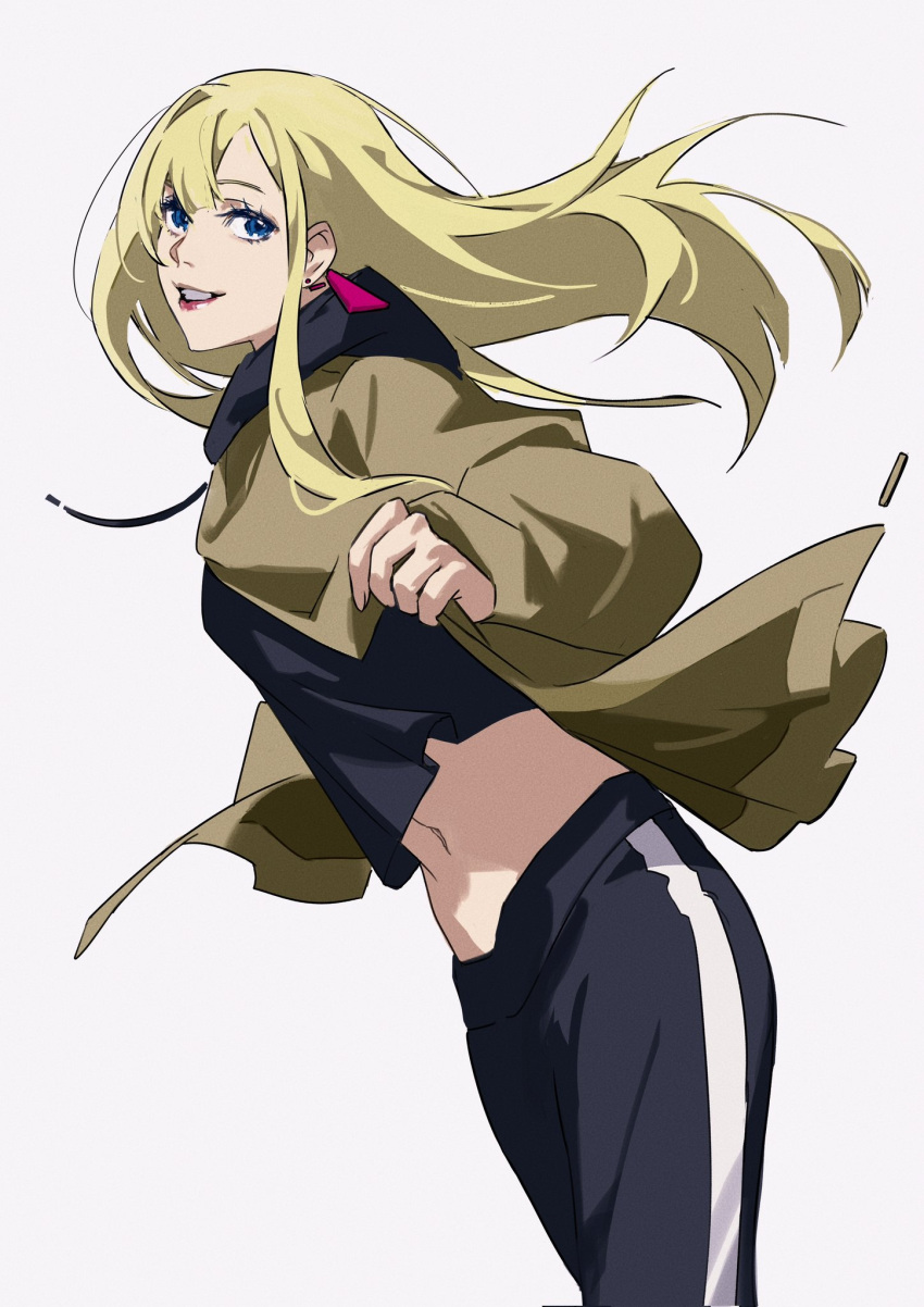 1girl blonde_hair blue_eyes cowboy_shot crop_top earrings erhuazi917 floating_hair gigi_andalusia gundam gundam_hathaway's_flash highres jacket jewelry long_hair looking_at_viewer midriff open_mouth pants shirt smile solo triangle_earrings