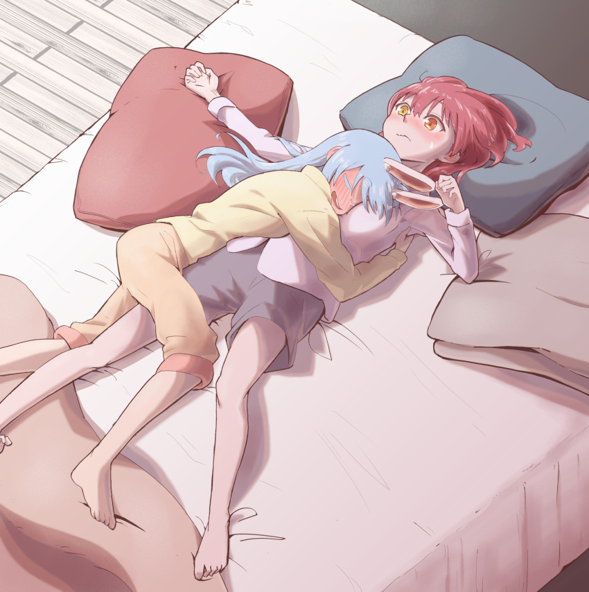 2girls absurdres animal_ear_fluff animal_ears bangs barefoot between_breasts blanket blue_hair blush breasts closed_eyes closed_mouth commentary drunk eyebrows_visible_through_hair face_between_breasts full-face_blush hair_between_eyes hair_down head_between_breasts head_on_pillow heterochromia highres hikimayu hololive houshou_marine hug long_hair long_sleeves looking_at_another multiple_girls on_bed open_mouth pajamas pillow rabbit_ears red_eyes red_hair sweat usada_pekora virtual_youtuber vitalizingwind yellow_eyes yuri