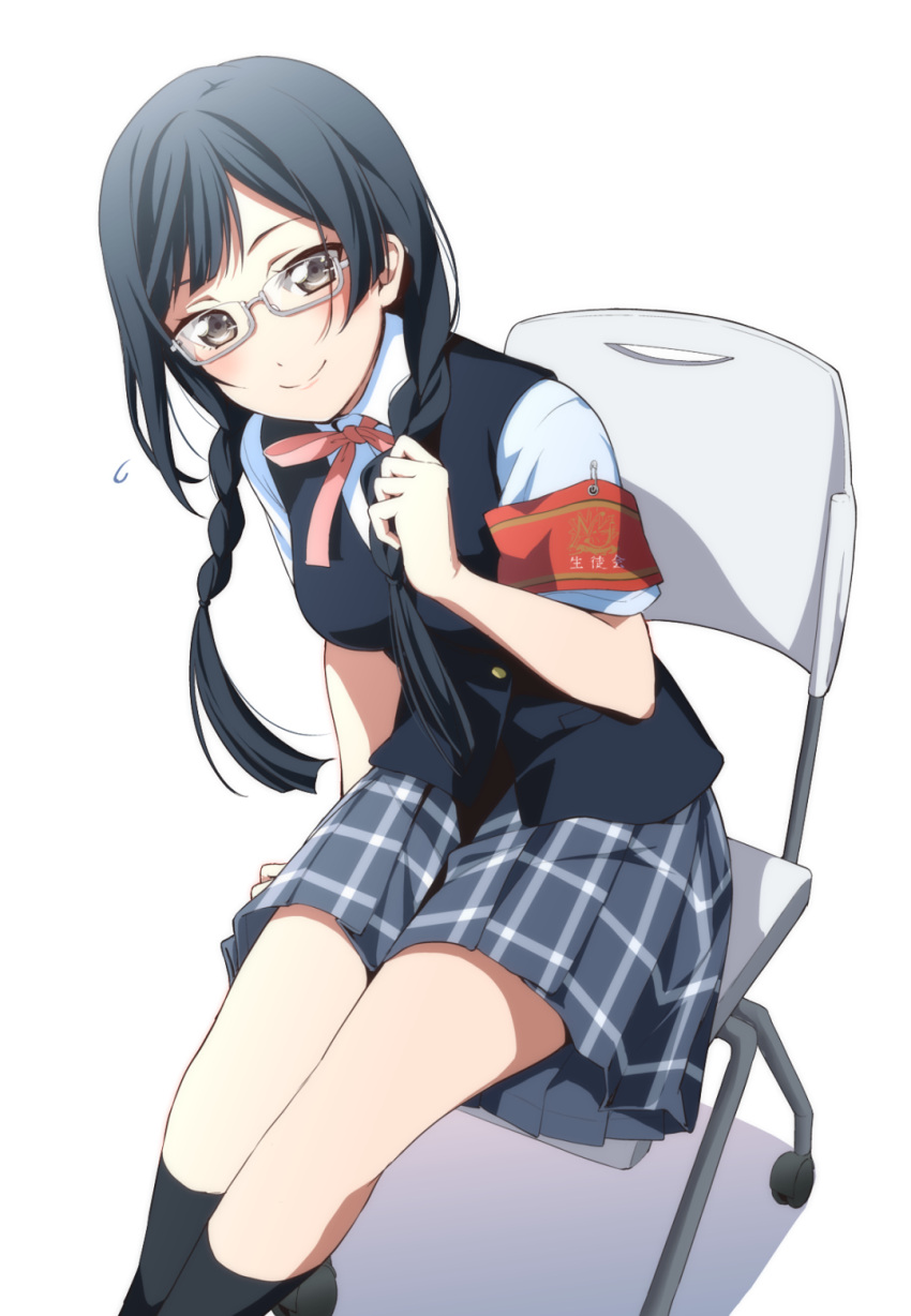 1girl armband bangs black_eyes black_hair blue_vest braid chair collared_shirt dress_shirt glasses grey_eyes grey_skirt highres long_hair love_live! love_live!_nijigasaki_high_school_idol_club low_twintails nakagawa_nana neck_ribbon nijigasaki_academy_uniform nishiuri_warito plaid plaid_skirt pleated_skirt red_neckwear ribbon semi-rimless_eyewear shirt short_sleeves sitting skirt solo summer_uniform swept_bangs twin_braids twintails vest white_shirt white_skirt winter_uniform yuuki_setsuna_(love_live!)