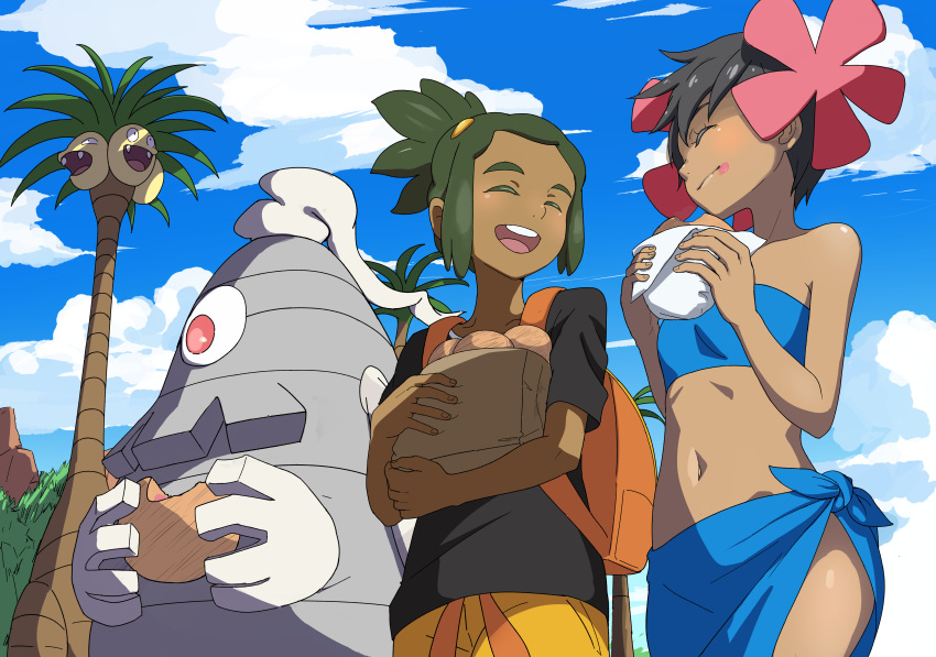 1boy 1girl :d absurdres alolan_exeggutor alolan_form backpack bag bandeau black_hair black_shirt blue_bandeau blue_sarong closed_eyes closed_mouth cloud commentary_request dark-skinned_female dark-skinned_male dark_skin day dusclops eating elite_four flower food food_on_face gen_3_pokemon gen_7_pokemon green_hair hair_flower hair_ornament hau_(pokemon) highres holding holding_bag malasada navel open_mouth orange_bag outdoors paper_bag phoebe_(pokemon) pokemon pokemon_(creature) pokemon_(game) pokemon_oras pokemon_sm sarong shirt short_hair short_ponytail sky smile spiked_hair tongue upper_teeth yoshinatsu