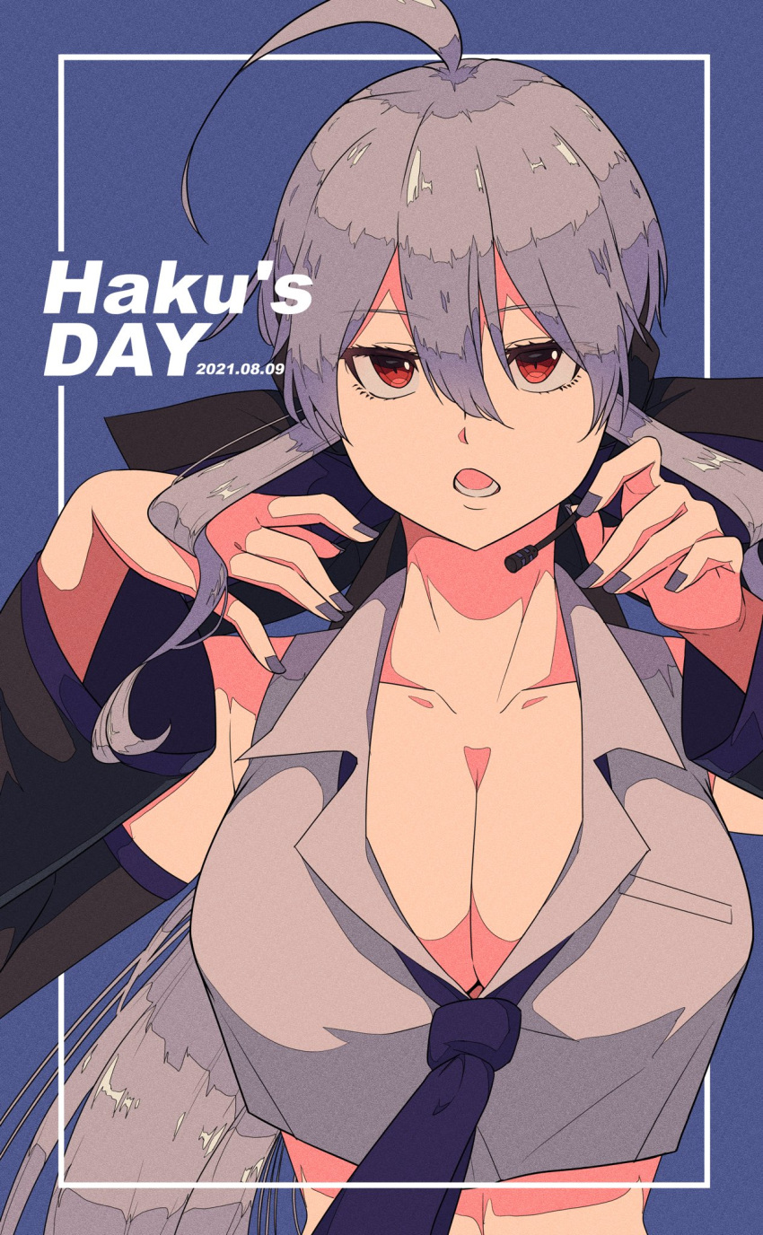 1girl bow breasts character_name cleavage commentary crop_top grey_hair grey_shirt hair_bow hand_on_headset hands_up headphones headset highres large_breasts long_hair nail_polish necktie open_mouth purple_background purple_nails purple_neckwear red_eyes ryusei_(ster0629) shirt solo upper_body very_long_hair vocaloid voyakiloid yowane_haku