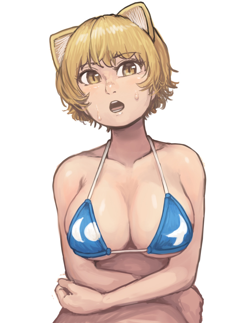 1girl absurdres animal_ears bare_shoulders bikini bikini_top blonde_hair blue_bikini breasts chanta_(ayatakaoisii) cleavage eyebrows_visible_through_hair fox_ears highres large_breasts open_mouth print_bikini short_hair simple_background solo swimsuit touhou white_background yakumo_ran yellow_eyes