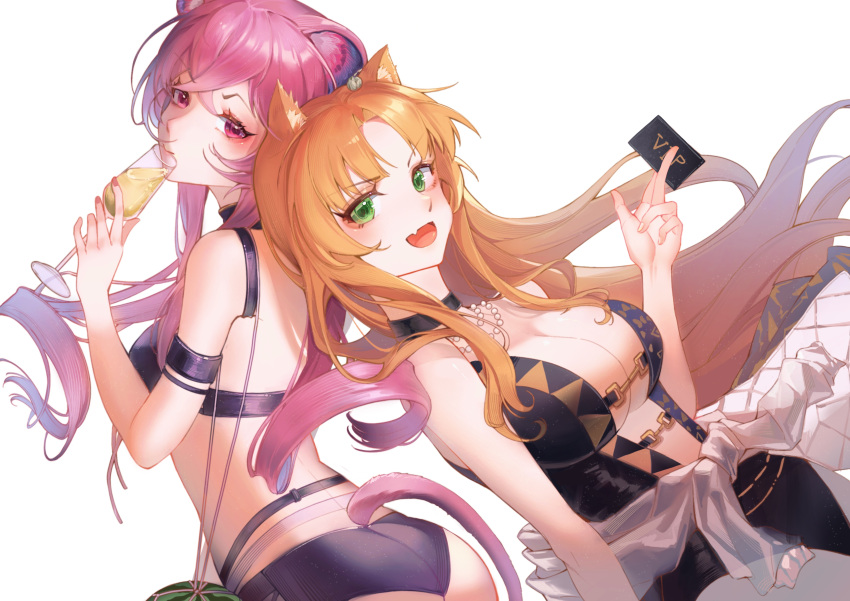 2girls absurdres ajiu_(ajiuyaa) animal_ears arknights arm_strap ass back-to-back bikini black_bikini black_choker black_swimsuit breasts card chinese_commentary choker cleavage clothes_around_waist commentary cowboy_shot cup drinking drinking_glass fang green_eyes highres holding holding_card holding_cup jewelry large_breasts lin_yuhsia_(arknights) looking_at_viewer mouse_ears mouse_girl mouse_tail multiple_girls necklace one-piece_swimsuit open_mouth orange_hair pearl_necklace pink_eyes pink_hair shirt shirt_around_waist simple_background skin_fang swimsuit swire_(arknights) tail tiger_ears white_background white_shirt wine_glass