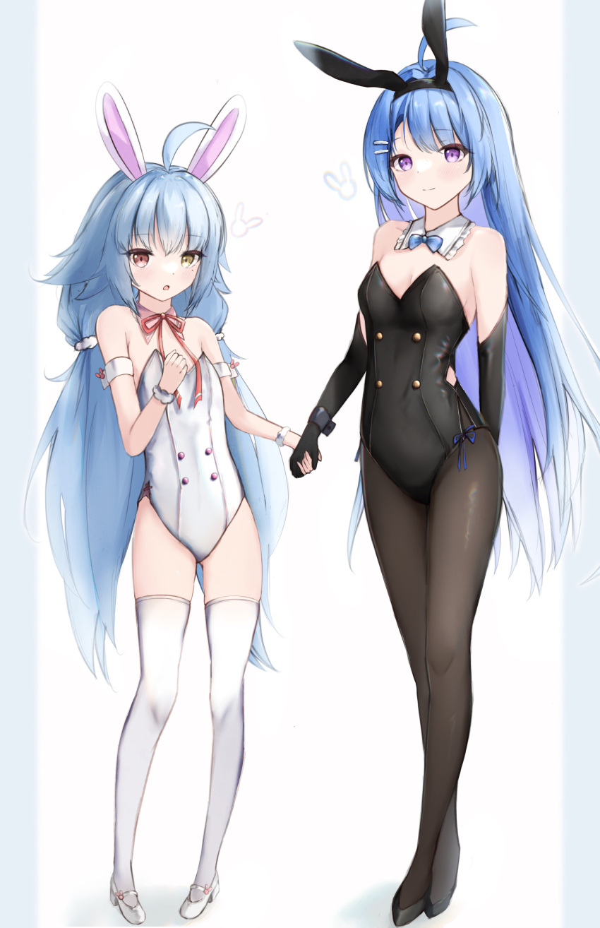 2girls absurdres animal_ears azur_lane bangs bare_shoulders blue_hair blush breasts cleavage closed_mouth eyebrows_visible_through_hair gloves hair_ornament helena_(azur_lane) heterochromia highres holding_hands light_blue_hair long_hair looking_at_viewer multiple_girls nicholas_(azur_lane) open_mouth pantyhose phos_phos playboy_bunny purple_eyes rabbit_ears ribbon simple_background smile thighhighs twintails