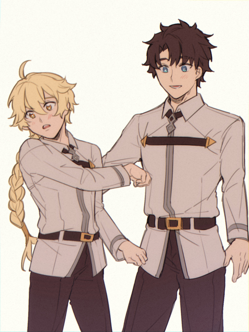 2boys aether_(genshin_impact) ahoge bangs belt belt_buckle black_hair blonde_hair blue_eyes blush braid buckle chaldea_logo chaldea_uniform collared_jacket commentary cosplay costume_switch crossover english_commentary eyebrows_visible_through_hair fate/grand_order fate_(series) fujimaru_ritsuka_(male) fujimaru_ritsuka_(male)_(cosplay) genshin_impact hair_between_eyes highres jacket kulissara-aung long_hair long_sleeves male_focus multiple_boys open_mouth short_hair simple_background single_braid teeth uniform white_background white_jacket yellow_eyes