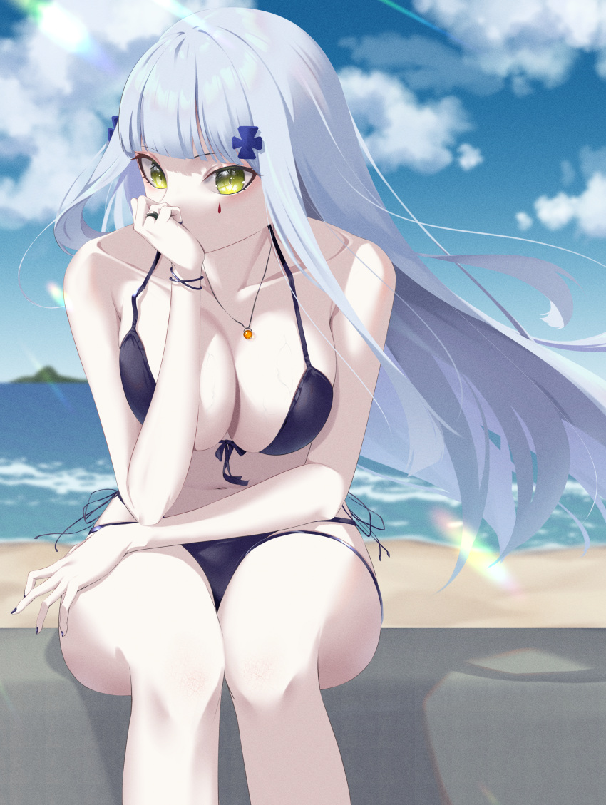 1girl absurdres bangs bare_shoulders beach bikini blue_hair breasts cleavage cloud cloudy_sky collarbone covering_mouth crossed_bangs eyebrows_visible_through_hair facial_mark facial_tattoo front-tie_bikini front-tie_top girls'_frontline green_eyes hand_on_own_knee highres hk416_(girls'_frontline) huge_filesize jewelry long_hair looking_at_viewer medium_breasts nail_polish navel necklace ocean purple_bikini purple_nails purple_swimsuit ring sitting sky solo swimsuit tattoo teardrop weisskaeppchen