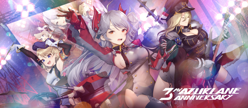 3girls :d absurdres anniversary antenna_hair arm_up armpits arms_up azur_lane bangs bare_shoulders beret bismarck_(azur_lane) bismarck_(coat_of_arms) black_cape black_dress black_gloves black_headwear black_legwear blonde_hair blue_eyes bodystocking bow breasts buttons cape cleavage closed_eyes coat_of_arms cowboy_shot double-breasted dress drum drum_set drumsticks elbow_gloves electric_guitar english_commentary eyebrows_behind_hair fur-trimmed_cape fur_trim garter_straps gloves gold_trim grey_dress grey_gloves guitar hair_between_eyes hair_bow hair_ornament hat headgear highres holding holding_drumsticks holding_instrument holding_microphone huge_filesize indoors instrument iron_cross large_breasts long_hair long_sleeves looking_at_viewer medium_breasts microphone microphone_stand military_hat mole mole_on_breast monitor multicolored_hair multiple_girls music open_mouth orange_eyes peaked_cap playing_instrument prinz_eugen_(azur_lane) red_gloves red_hair ribbon rigging shinidei short_hair side_cutout sideboob sidelocks silver_hair singing sitting skindentation sleeveless smile stage stage_lights standing standing_on_one_leg streaked_hair striped striped_bow swept_bangs thighhighs turret two-tone_gloves two_side_up upper_teeth very_long_hair white_gloves white_ribbon z23_(azur_lane) zettai_ryouiki
