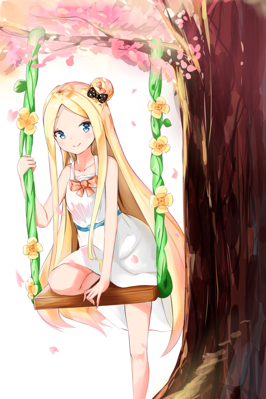 1girl abigail_williams_(fate) absurdres bangs bare_arms bare_shoulders black_bow blonde_hair blue_eyes blush bow closed_mouth commentary_request dress eyebrows_visible_through_hair fate/grand_order fate_(series) feet_out_of_frame hair_bow hair_bun highres long_hair looking_at_viewer orange_bow parted_bangs polka_dot polka_dot_bow side_bun sleeveless sleeveless_dress smile solo swing tree very_long_hair white_dress yukaa