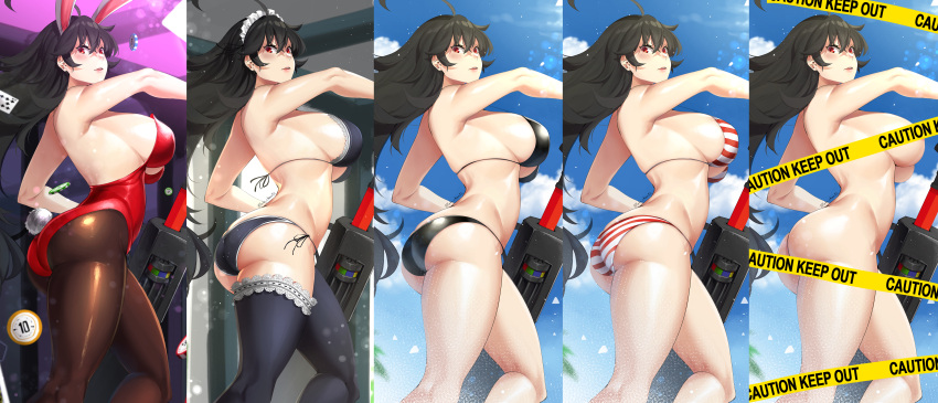 1girl absurdres ahoge animal_ears ass backless_outfit bangs bikini black_bikini black_bra black_hair black_legwear black_panties bra breasts card caution_tape completely_nude floating_hair hair_between_eyes highres holding holding_sword holding_weapon huge_breasts huge_filesize keep_out leotard long_hair looking_at_viewer lulu-chan92 maid_headdress nude panties pantyhose parted_lips playboy_bunny rabbit_ears rabbit_tail raven_branwen red_eyes red_leotard rwby sheath shiny shiny_clothes shiny_hair shiny_legwear shiny_skin side-tie_panties sideboob strapless strapless_leotard striped striped_bikini swimsuit sword tail thighhighs underwear underwear_only unsheathing variations very_long_hair weapon