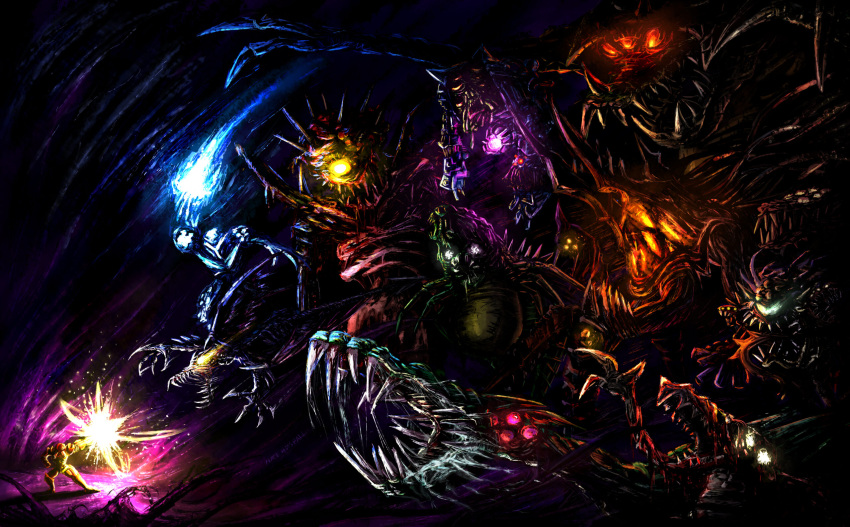 1other ambiguous_gender claws crocomire dark_samus draygon emperor_ing extra_eyes glowing glowing_eyes highres metroid metroid_prime mother_brain nate_horsfall nightmare_(metroid) queen_metroid ridley sa-x samus_aran sharp_teeth size_difference teeth varia_suit