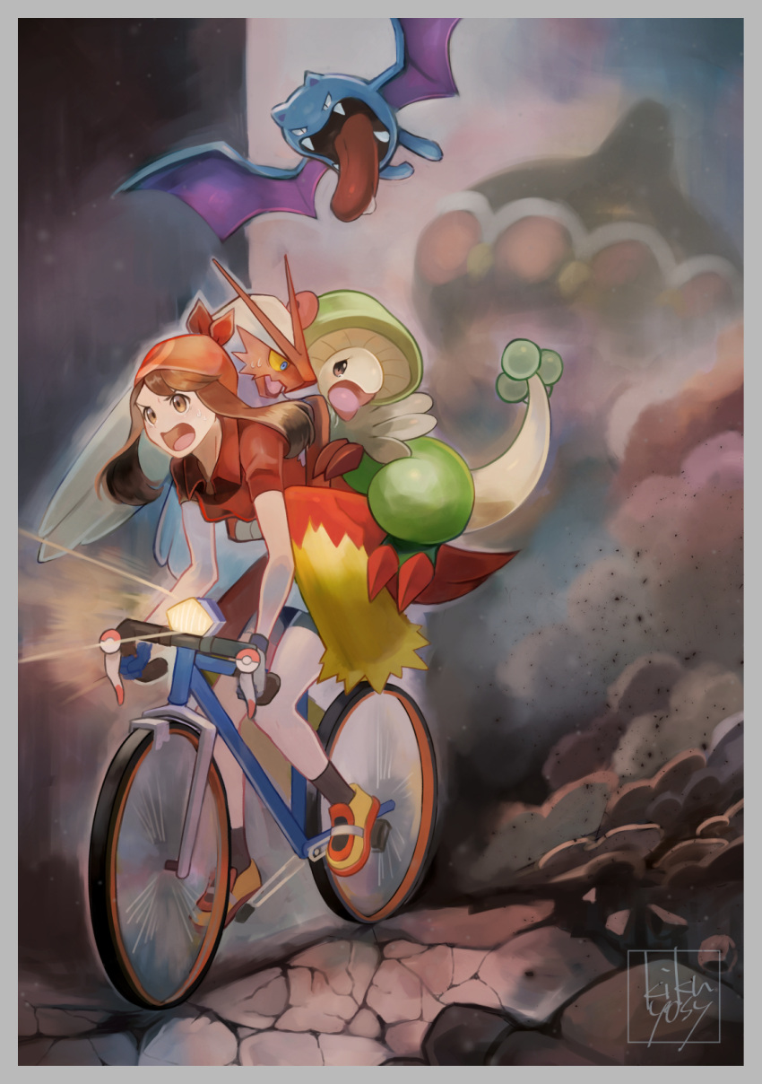 1girl bandana bicycle bike_shorts blaziken border breloom brown_eyes brown_hair claydol collared_shirt commentary flying gen_1_pokemon gen_3_pokemon golbat grey_border ground_vehicle highres kikuyoshi_(tracco) long_hair may_(pokemon) open_mouth outdoors pokemon pokemon_(creature) pokemon_(game) pokemon_rse red_shirt riding_bicycle rock shiny shiny_hair shirt short_sleeves signature sitting skirt smoke tongue watermark white_skirt