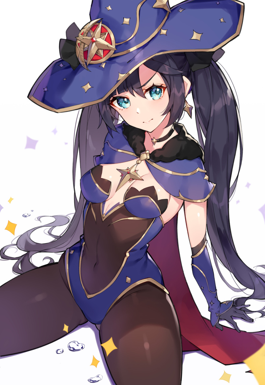 1girl absurdres black_choker black_hair blue_eyes blue_headwear blue_leotard breasts brown_legwear cape choker closed_mouth commentary_request covered_navel detached_sleeves frown genshin_impact gold_trim hat highres leotard long_hair long_sleeves looking_at_viewer mona_(genshin_impact) pantyhose rikoma simple_background sitting small_breasts solo strapless strapless_leotard twintails v-shaped_eyebrows very_long_hair white_background witch_hat