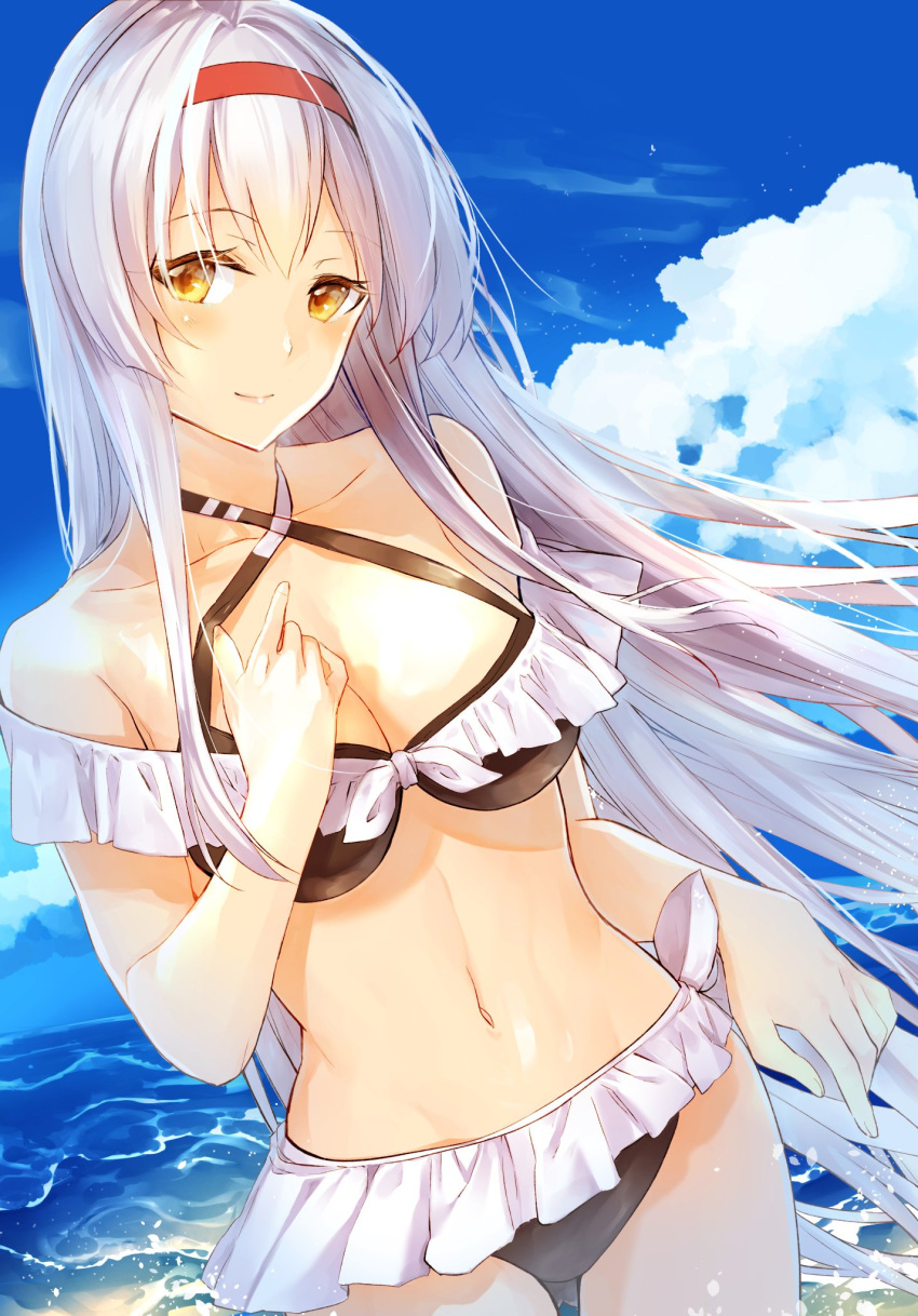 1girl bikini black_bikini blue_sky breasts cleavage closed_mouth cloud collarbone cowboy_shot day eyebrows_visible_through_hair hair_between_eyes headband highres kantai_collection kyougoku_touya large_breasts light_smile long_hair ocean off-shoulder_bikini off_shoulder red_headband shoukaku_(kancolle) sky solo swimsuit white_hair yellow_eyes