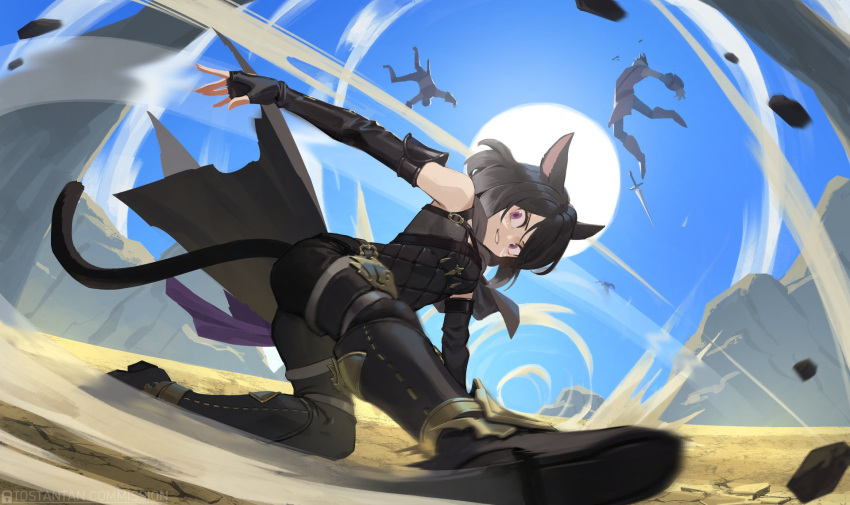 1girl 2boys animal_ears black_hair boots cat_ears cat_tail commission desert dust elbow_gloves fantasy fingerless_gloves gloves gravel grin highres looking_at_viewer motion_blur multiple_boys original purple_eyes sleeveless smile sun sword tail tostantan weapon