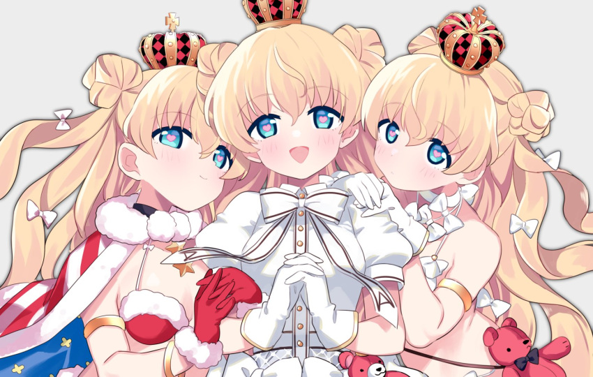 3girls armlet bikini blonde_hair blue_eyes blush bow bowtie cape choker crown double_bun eiyuu_senki eiyuu_senki_ww eyebrows_visible_through_hair fur-trimmed_bikini fur-trimmed_cape fur-trimmed_gloves fur_trim gloves hair_bow heart heart-shaped_pupils interlocked_fingers jewelry jiitarou king_arthur_(eiyuu_senki) long_hair looking_at_viewer multiple_girls multiple_persona necklace open_mouth own_hands_together pom_pom_(clothes) puffy_short_sleeves puffy_sleeves red_gloves short_sleeves smile stuffed_animal stuffed_toy swimsuit symbol-shaped_pupils teddy_bear white_bow white_gloves