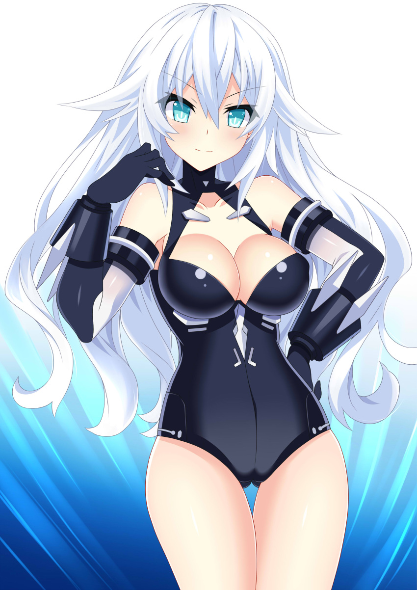 1girl absurdres ass_visible_through_thighs bangs black_gloves black_heart black_leotard blue_background blue_eyes blush breasts choujigen_game_neptune cleavage closed_mouth collarbone cowboy_shot eyebrows_visible_through_hair floating_hair gloves gradient gradient_background hair_between_eyes hand_on_hip hatsune_haruka highres large_breasts leotard long_hair looking_at_viewer neptune_(series) silver_hair smile solo standing thigh_gap very_long_hair white_background