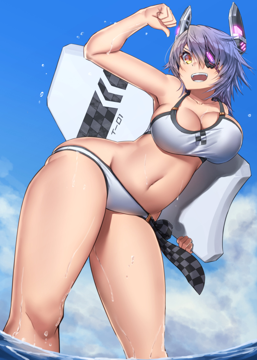 1girl bad_anatomy bare_arms bare_legs bare_shoulders bikini bodyboard breasts brown_eyes cleavage collarbone day eyepatch headgear highres kantai_collection large_breasts navel ocean open_mouth purple_hair short_hair solo swimsuit tenryuu_(kancolle) wet white_bikini zombie_mogura