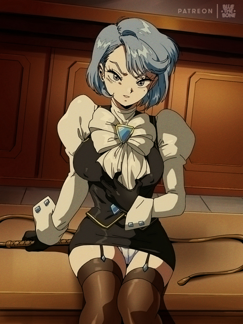 1girl artist_name ascot blue_eyes blue_hair bluethebone commentary covered_nipples cuff_links earrings english_commentary feet_out_of_frame formal gyakuten_saiban highres jewelry karuma_mei long_sleeves looking_at_viewer mole mole_under_eye on_counter panties pantyshot pencil_skirt puffy_sleeves retro_artstyle short_hair sitting skirt solo thighhighs underwear v-shaped_eyebrows whip white_panties