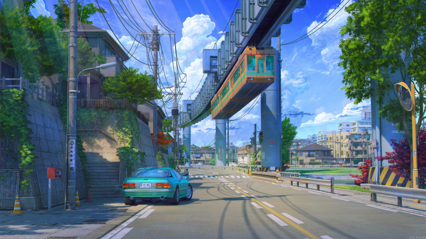album_cover arsenixc building car city cloud commentary cone cover crosswalk ground_vehicle highres hill house light_rays mirror monorail motor_vehicle no_humans original outdoors power_lines road scenery shadow stairs street traffic_light train tree utility_pole