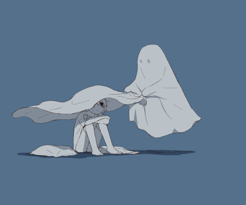1boy 1other absurdres avogado6 barefoot blue_background blue_theme commentary crying ghost highres holding_blanket monochrome original shirt short_sleeves shorts simple_background sitting