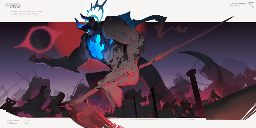 1other building cape curled_horns english_text giant giant_monster glowing halo highres holding holding_scythe hood hood_up horns horns_through_headwear ji_dao_ji monster original ruins scythe silhouette skyscraper solo_focus sword weapon