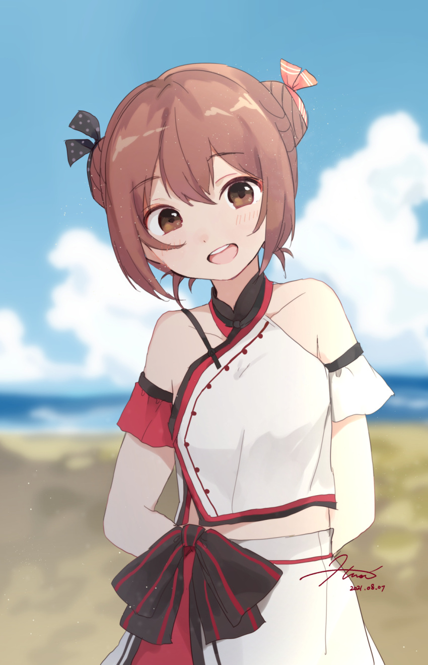 1girl arms_behind_back blue_sky brown_eyes brown_hair casual chinese_clothes cloud day double_bun highres hiroe_(cosmos_blue-02_421) kantai_collection looking_at_viewer official_alternate_costume official_alternate_hairstyle outdoors shirt short_hair skirt sky sleeveless sleeveless_shirt solo tan_yang_(kancolle) white_shirt white_skirt yukikaze_(kancolle)