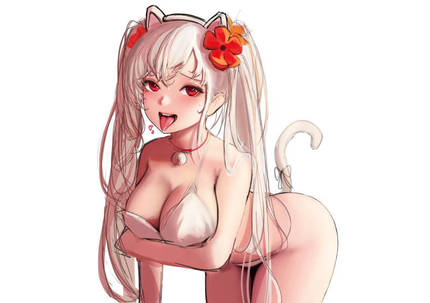 animal_ears bell bikini breast_hold breasts catgirl cleavage collar destiny_child fang headband heart lecheu long_hair red_eyes sketch swimsuit sytry_(destiny_child) tail twintails white white_hair