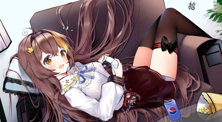 ahoge bangs black_legwear blonde_hair blue_ribbon blush breasts brown_eyes brown_hair character_request chips controller couch eyebrows_visible_through_hair food hair_ornament hairband hairclip holding holding_controller long_hair long_sleeves looking_at_viewer lying multicolored_hair on_back open_mouth pepsi ribbon thighhighs two-tone_hair virtual_youtuber zettai_ryouiki zhao_(pixiv12947327)