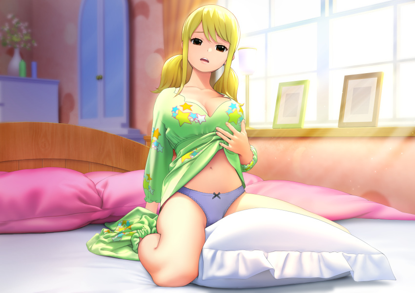 bed blonde_hair breast_hold breasts brown_eyes cleavage fairy_tail legendarysoulii lucy_heartfilia navel pajamas panties twintails underwear