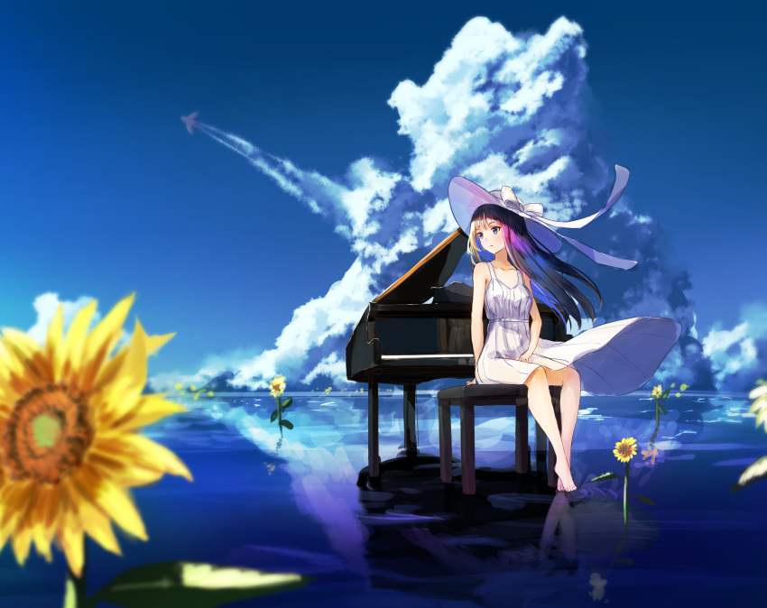 barefoot brown_hair dress flowers hat instrument long_hair original piano reflection rei_(farta_litia) summer_dress sunflower