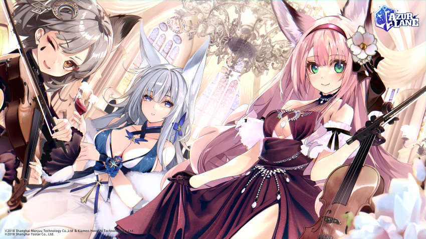 animal_ears anthropomorphism azur_lane blue_eyes breast_hold breasts brown_eyes cleavage dress foxgirl gloves gray_hair green_eyes hanazuki_(azur_lane) headband instrument logo long_hair pink_hair shinano_(azur_lane) shirokitsune suzutsuki_(azur_lane) violin wink