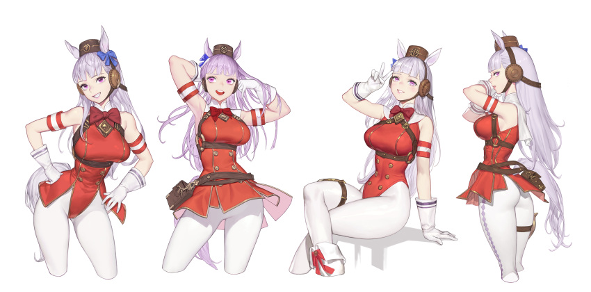 animal_ears anthropomorphism ass boots bow garter gloves gold_ship hat ki_min-woo leotard long_hair pantyhose purple_eyes purple_hair tail third-party_edit uma_musume:_pretty_derby uniform white