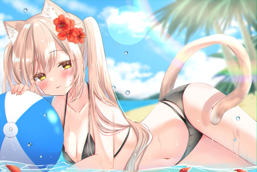 animal_ears ball bikini blush brown_hair catgirl clouds flowers hamikoron navel original sky swimsuit tail tree twintails water yellow_eyes