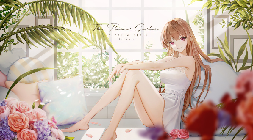 blush brown_hair chungla dress flowers leaves long_hair original pink_eyes rose