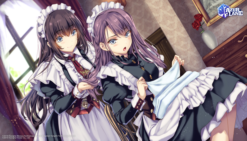 2girls anthropomorphism azur_lane blush braids brown_hair curacao_(azur_lane) curlew_(azur_lane) flowers gray_eyes headband logo long_hair maid moneti_(daifuku) purple_hair rose