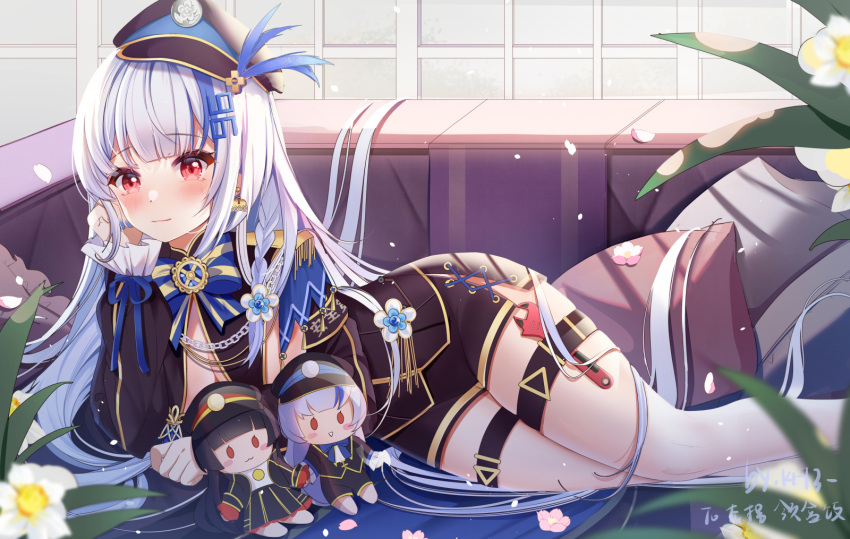 aliasing anthropomorphism couch doll flowers hat kyuuroku long_hair maitetsu miaoguujuun_qvq no_bra red_eyes signed white_hair