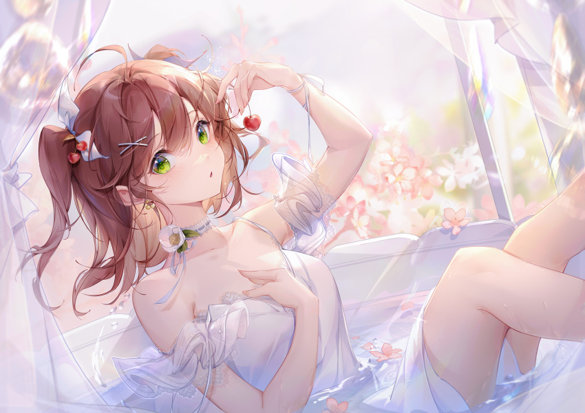 bath bathtub blush breast_hold brown_hair cherry choker dress duoduo_poi flowers food fruit green_eyes irisrey twintails water