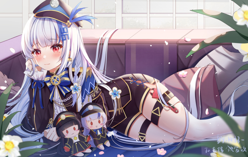 aliasing anthropomorphism couch doll flowers hat kyuuroku long_hair maitetsu miaoguujuun_qvq red_eyes signed white_hair