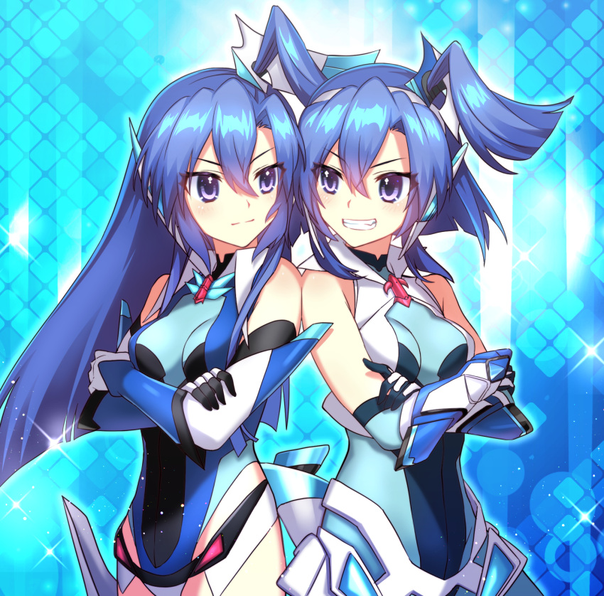 2girls bangs blue_background blue_eyes blue_hair blush closed_mouth commentary_request crossed_arms dual_persona eyebrows_visible_through_hair floating_hair gloves grin hair_between_eyes high_ponytail highleg highleg_leotard highres kazanari_tsubasa kazanari_tsubasa_(another) leotard long_hair multiple_girls senki_zesshou_symphogear senki_zesshou_symphogear_xd_unlimited shiny shiny_hair side_ponytail smile v-shaped_eyebrows very_long_hair wada_chiyon